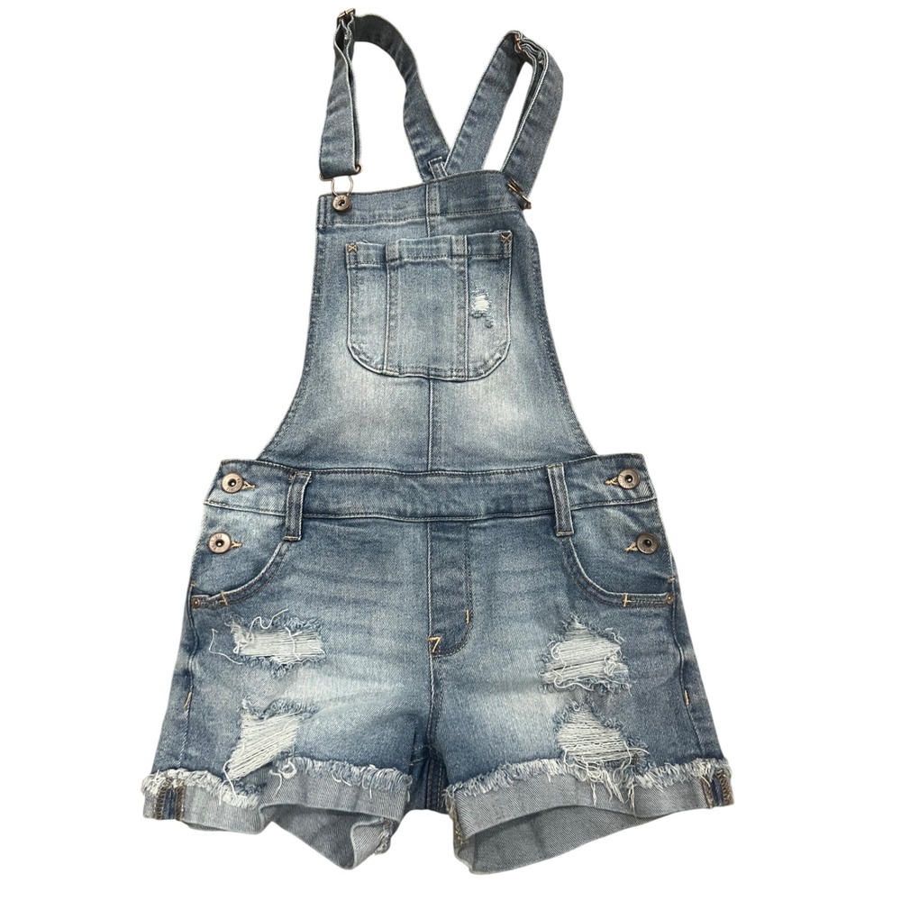 WallFlower Denim Overalls Shortalls Sz XS Light Wash Distressed Boho Y2K Grunge